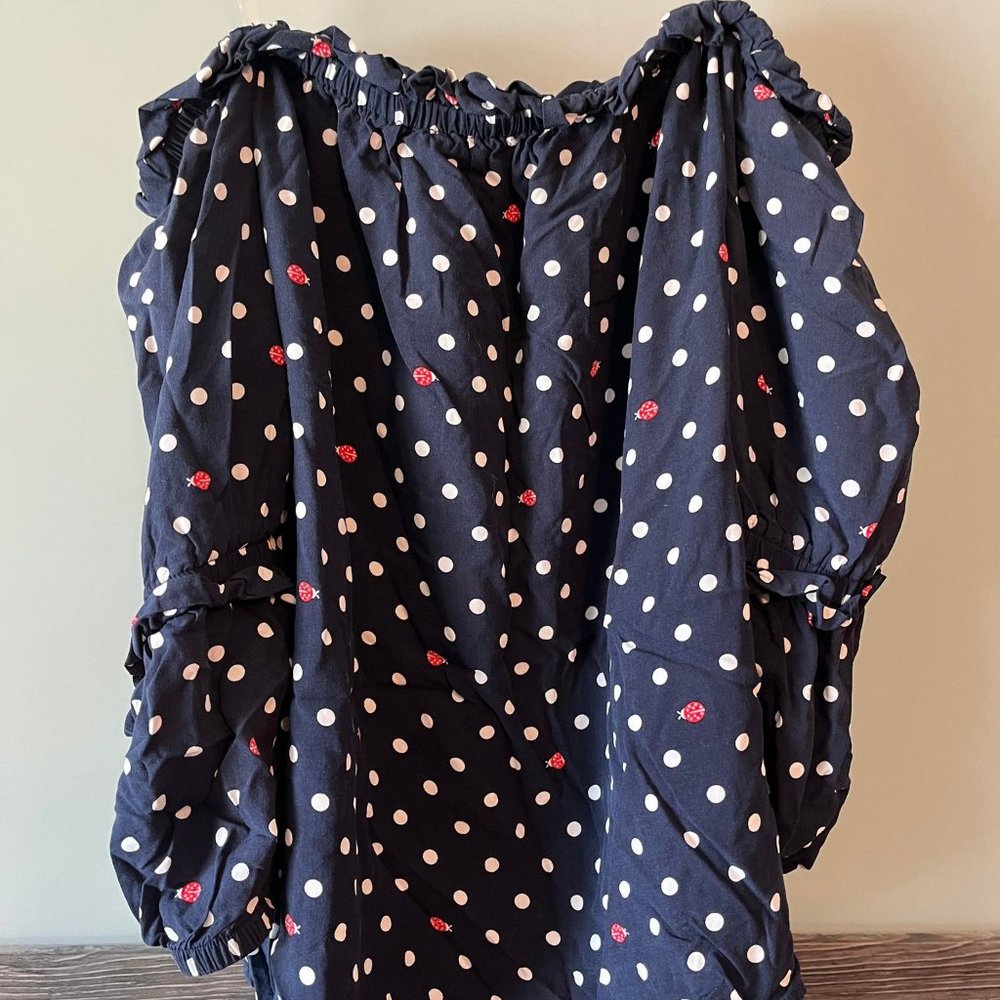 Crown and Ivy - Navy Blue and White Polka Dot & Ladybug off shoulder blouse